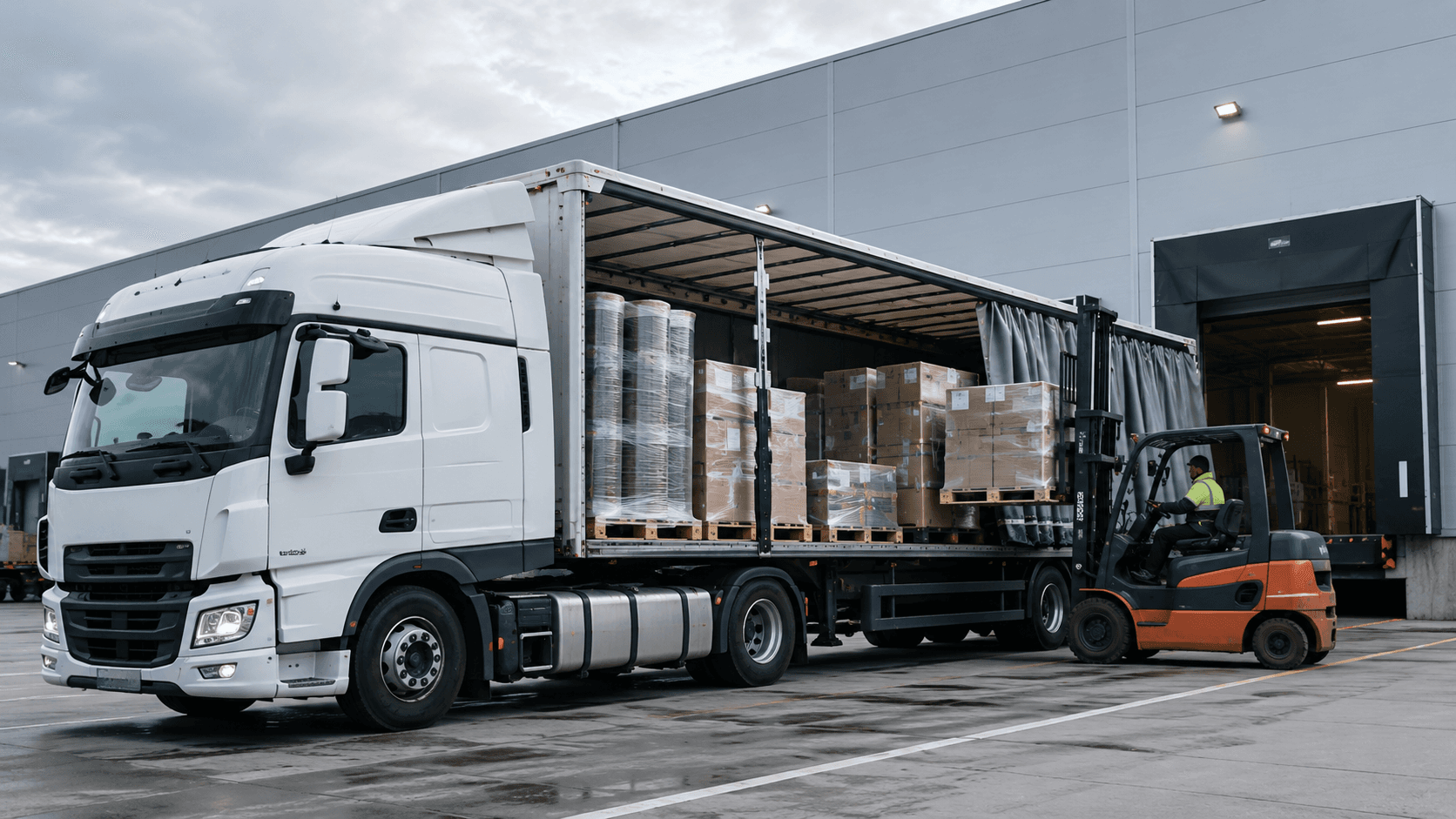 Załadunek palet do naczepy podczas transportu drogowego