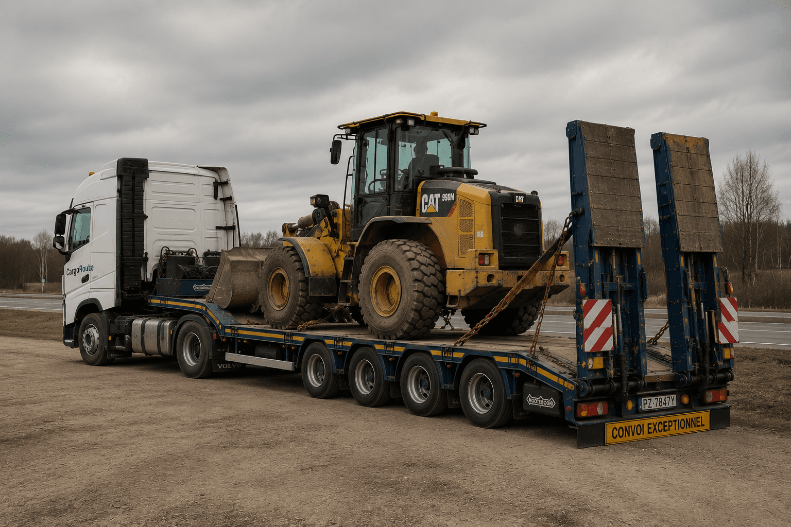 Transport ładowarki na naczepie niskopodwoziowej