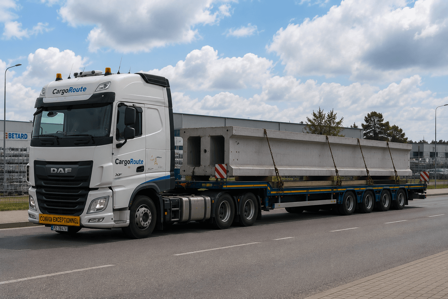 Transport prefabrykatów betonowych na platformie