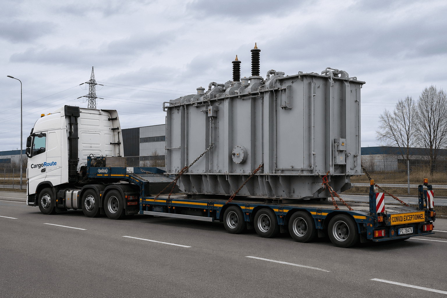 Transport ponadgabarytowy elementu turbiny wiatrowej na specjalistycznej naczepie